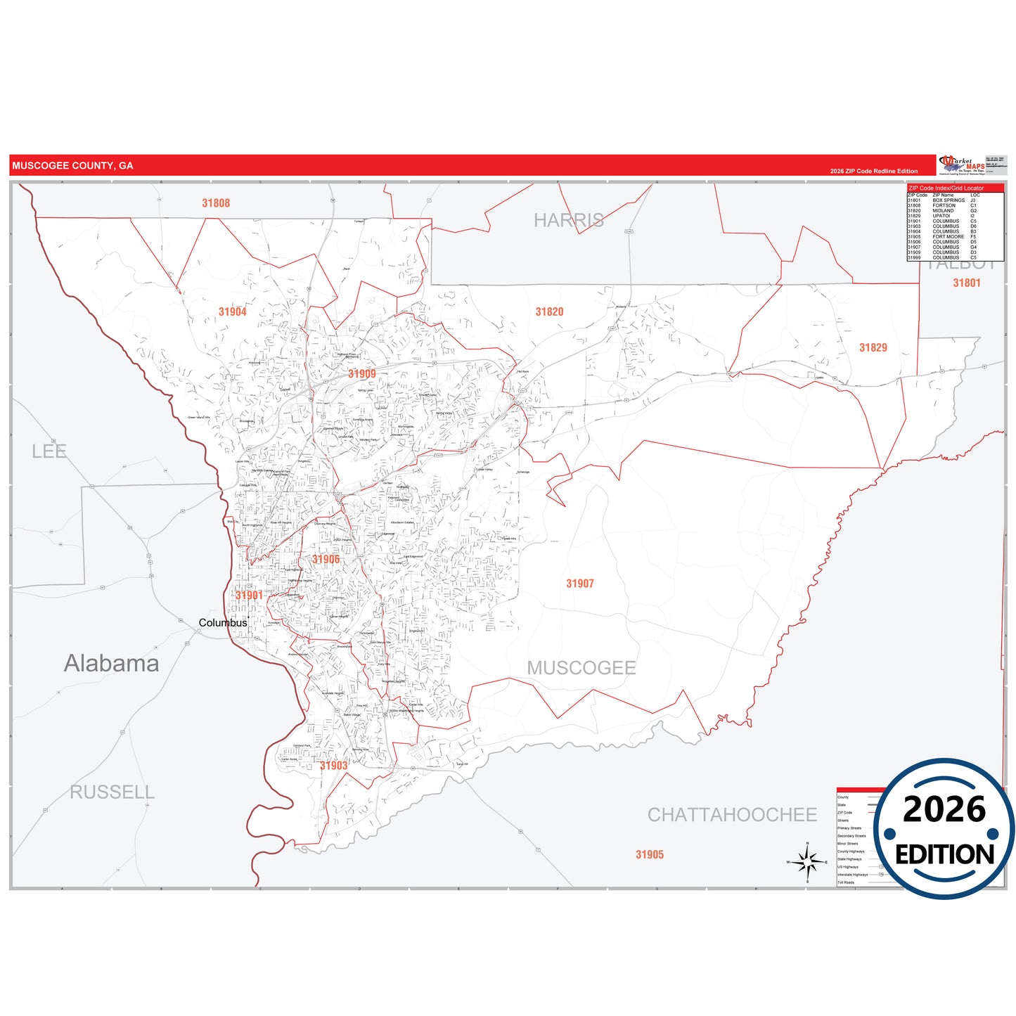 Muscogee County, GA Red Line 5 Digit ZIP Code Wall Map