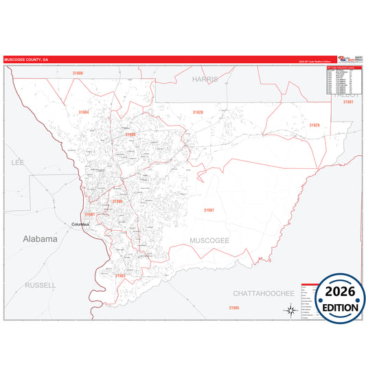 Muscogee County, GA Red Line 5 Digit ZIP Code Wall Map
