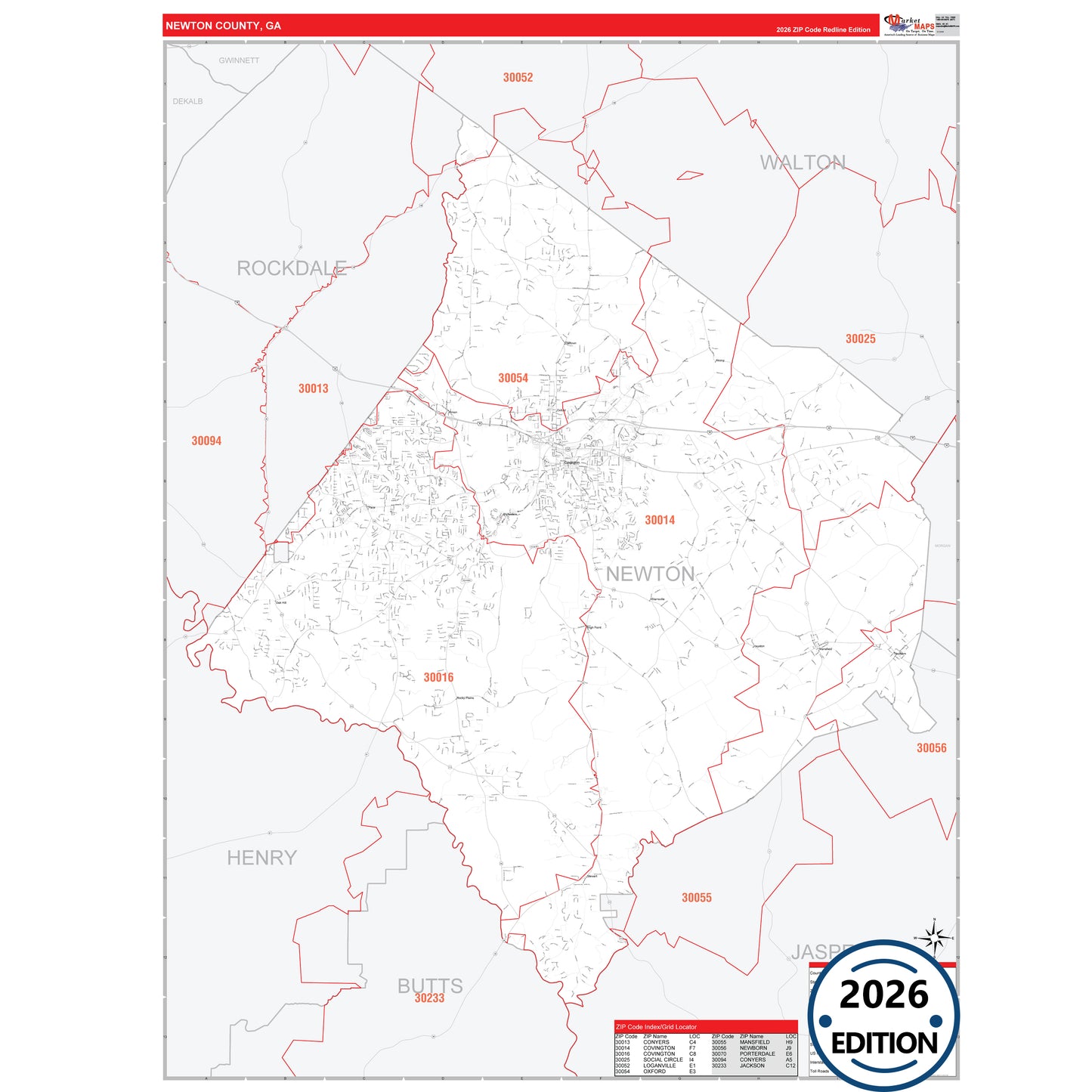Newton County, GA Red Line 5 Digit ZIP Code Wall Map
