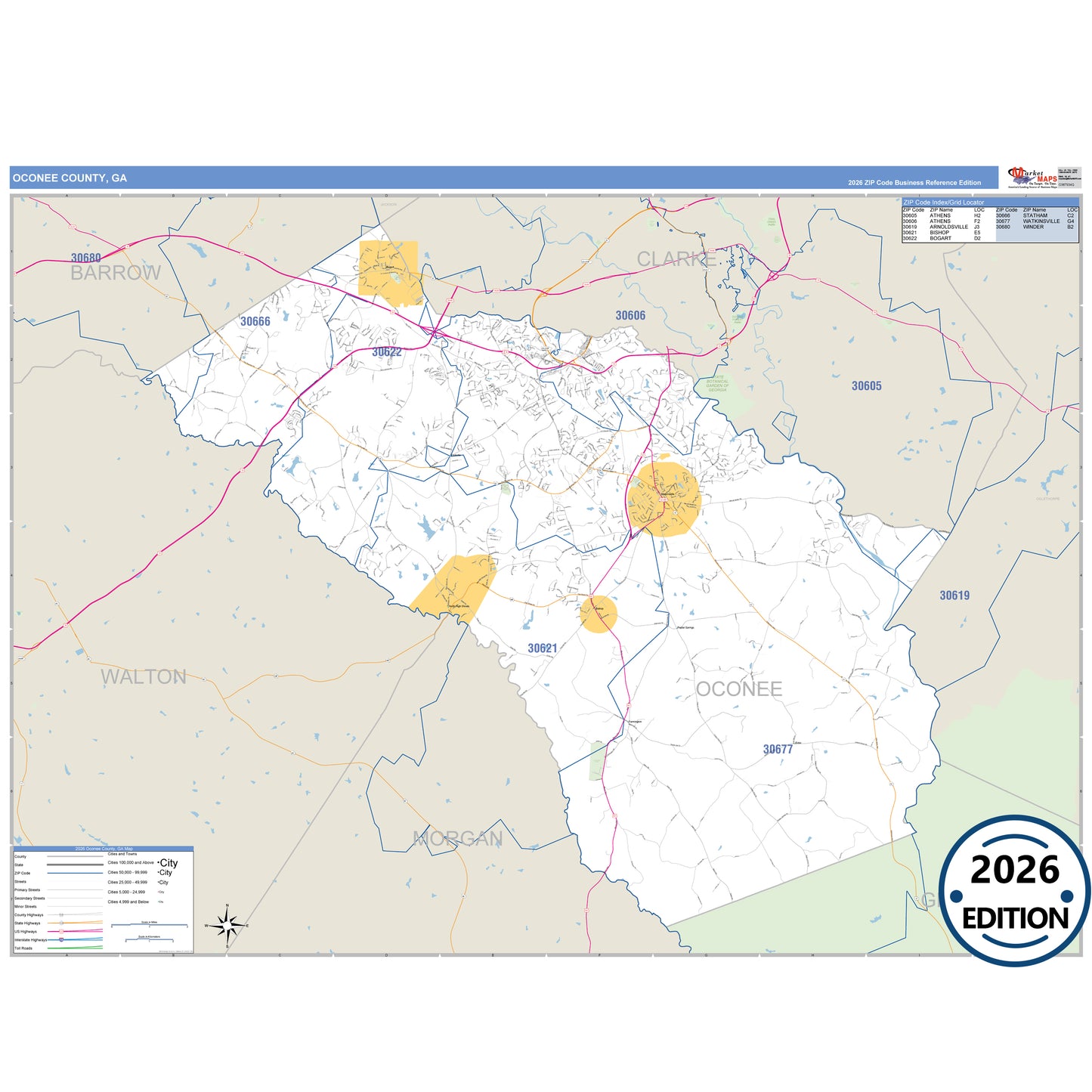 Oconee County, GA Business Reference 5 Digit ZIP Code Wall Map
