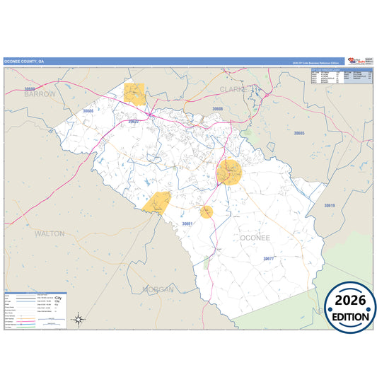Oconee County, GA Business Reference 5 Digit ZIP Code Wall Map