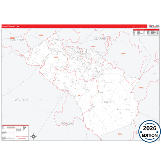 Oconee County, GA Red Line 5 Digit ZIP Code Wall Map