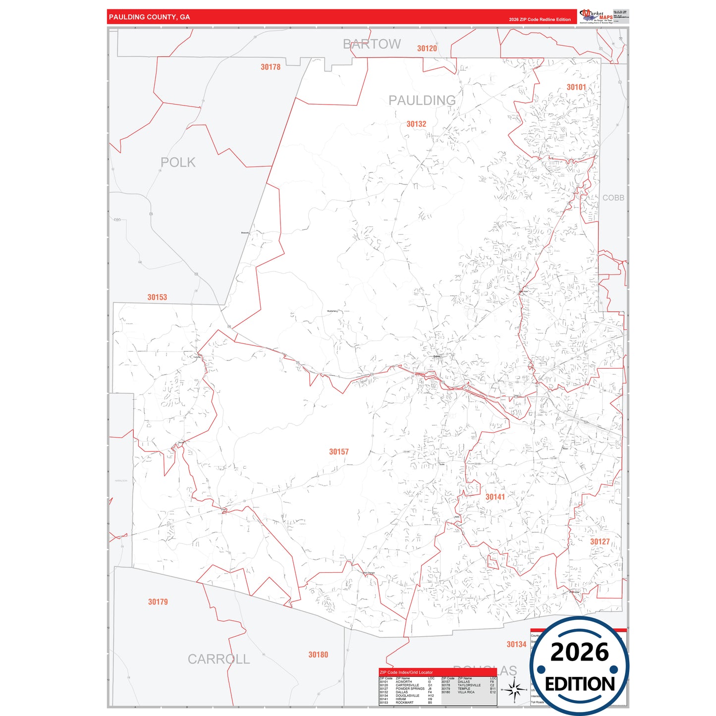Paulding County, GA Red Line 5 Digit ZIP Code Wall Map