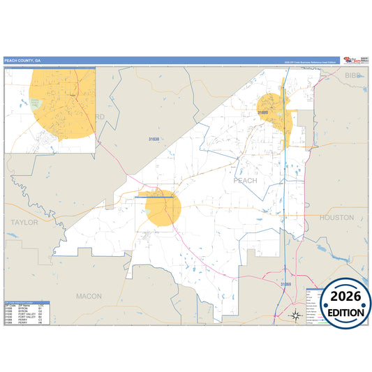 Peach County, GA Business Reference 5 Digit ZIP Code Wall Map
