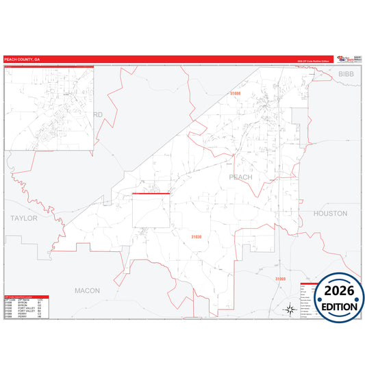 Peach County, GA Red Line 5 Digit ZIP Code Wall Map