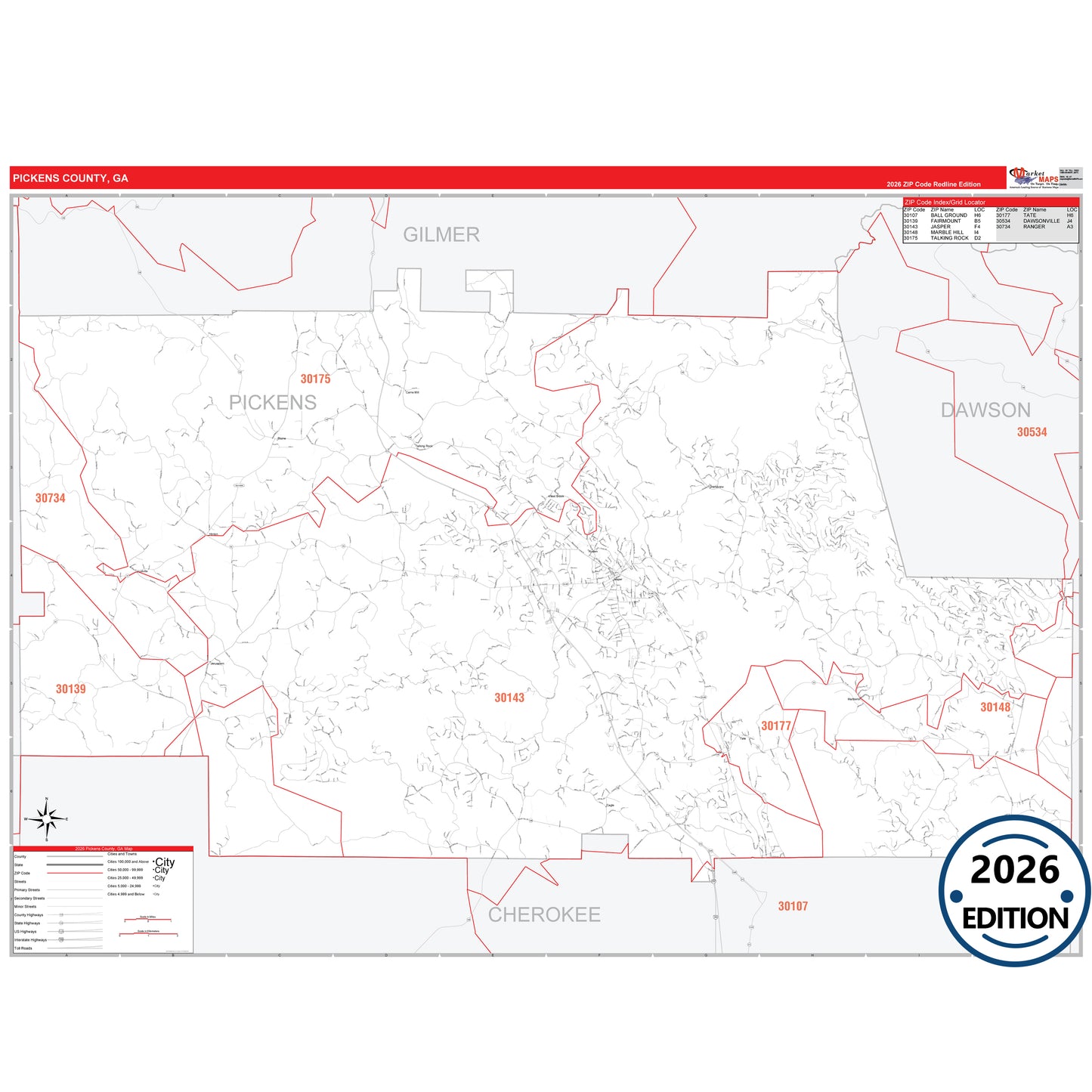 Pickens County, GA Red Line 5 Digit ZIP Code Wall Map
