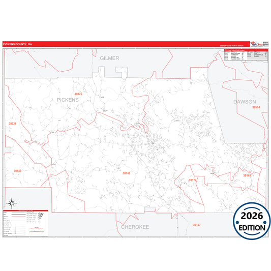 Pickens County, GA Red Line 5 Digit ZIP Code Wall Map