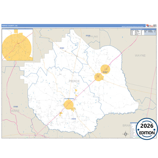 Pierce County, GA Business Reference 5 Digit ZIP Code Wall Map