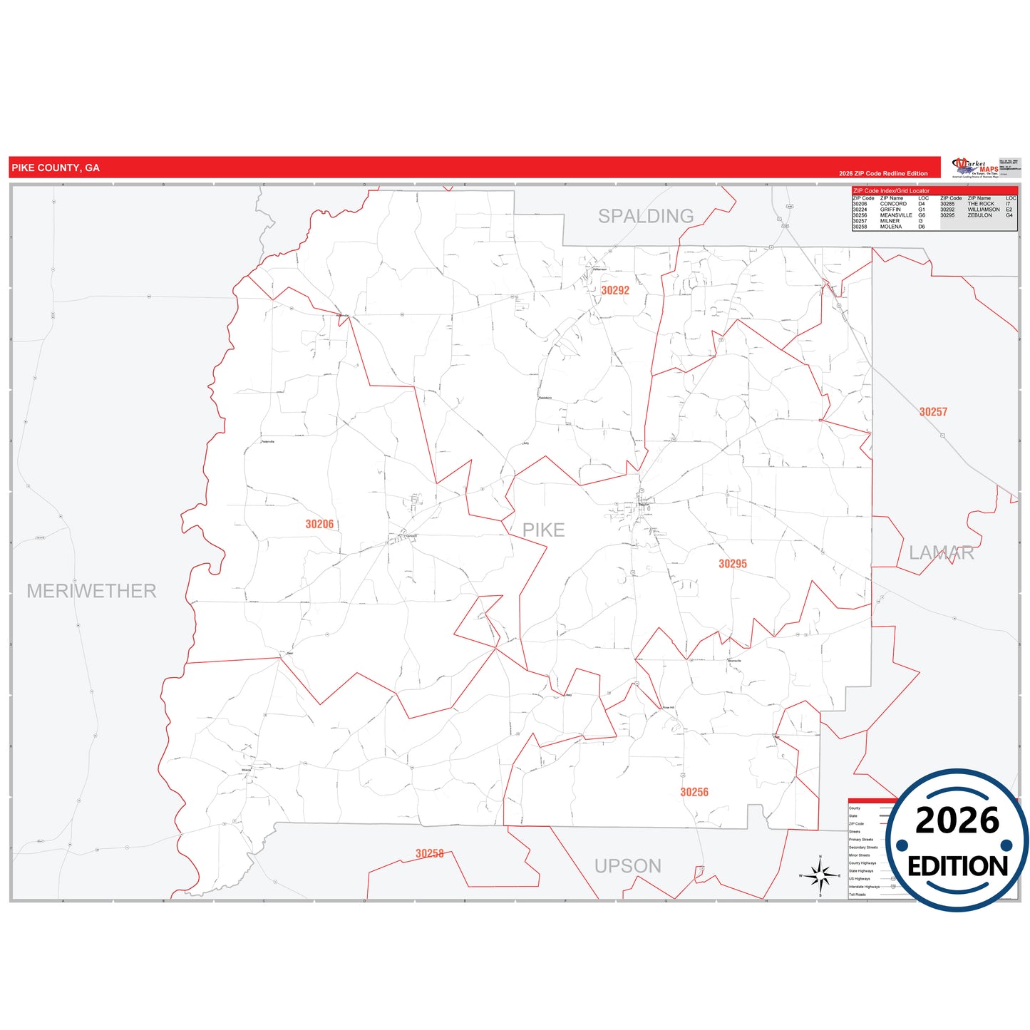 Pike County, GA Red Line 5 Digit ZIP Code Wall Map