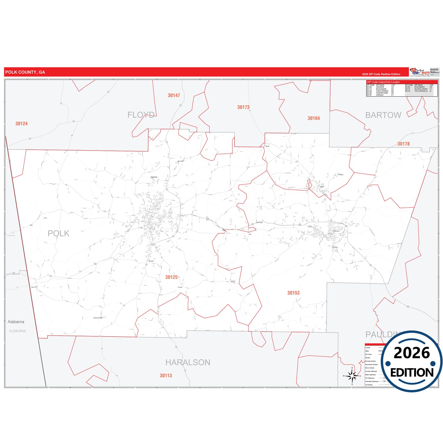 Polk County, GA Red Line 5 Digit ZIP Code Wall Map