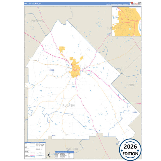 Pulaski County, GA Business Reference 5 Digit ZIP Code Wall Map
