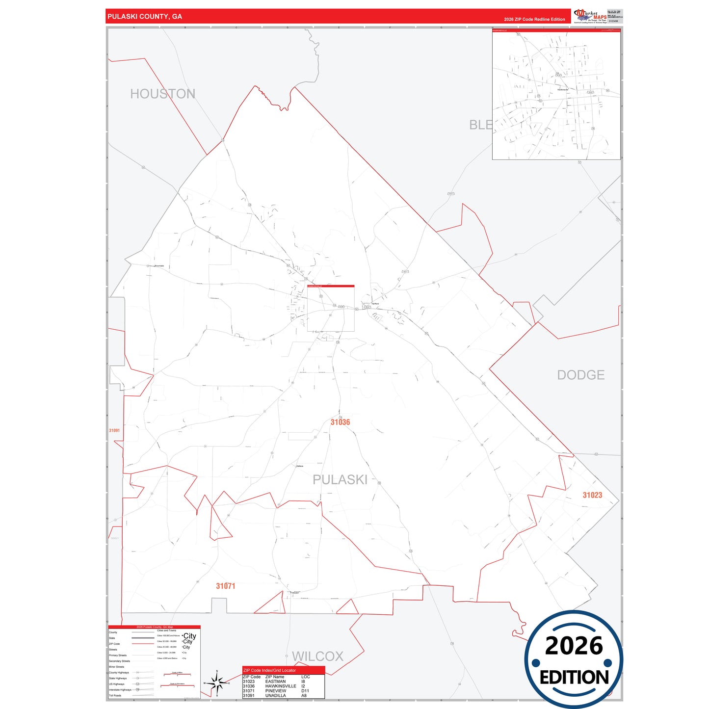Pulaski County, GA Red Line 5 Digit ZIP Code Wall Map