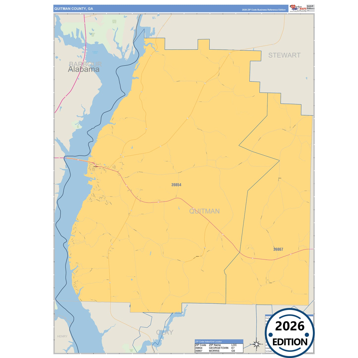 Quitman County, GA Business Reference 5 Digit ZIP Code Wall Map