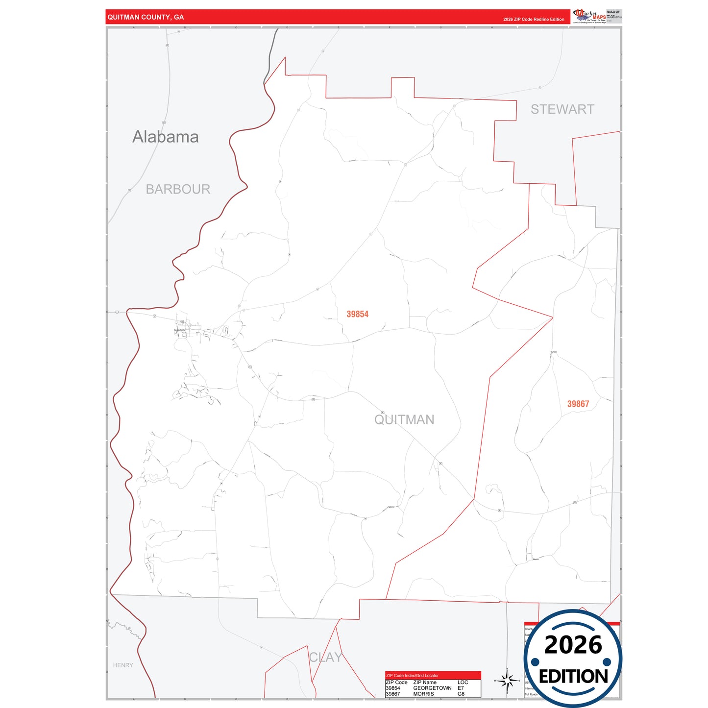 Quitman County, GA Red Line 5 Digit ZIP Code Wall Map