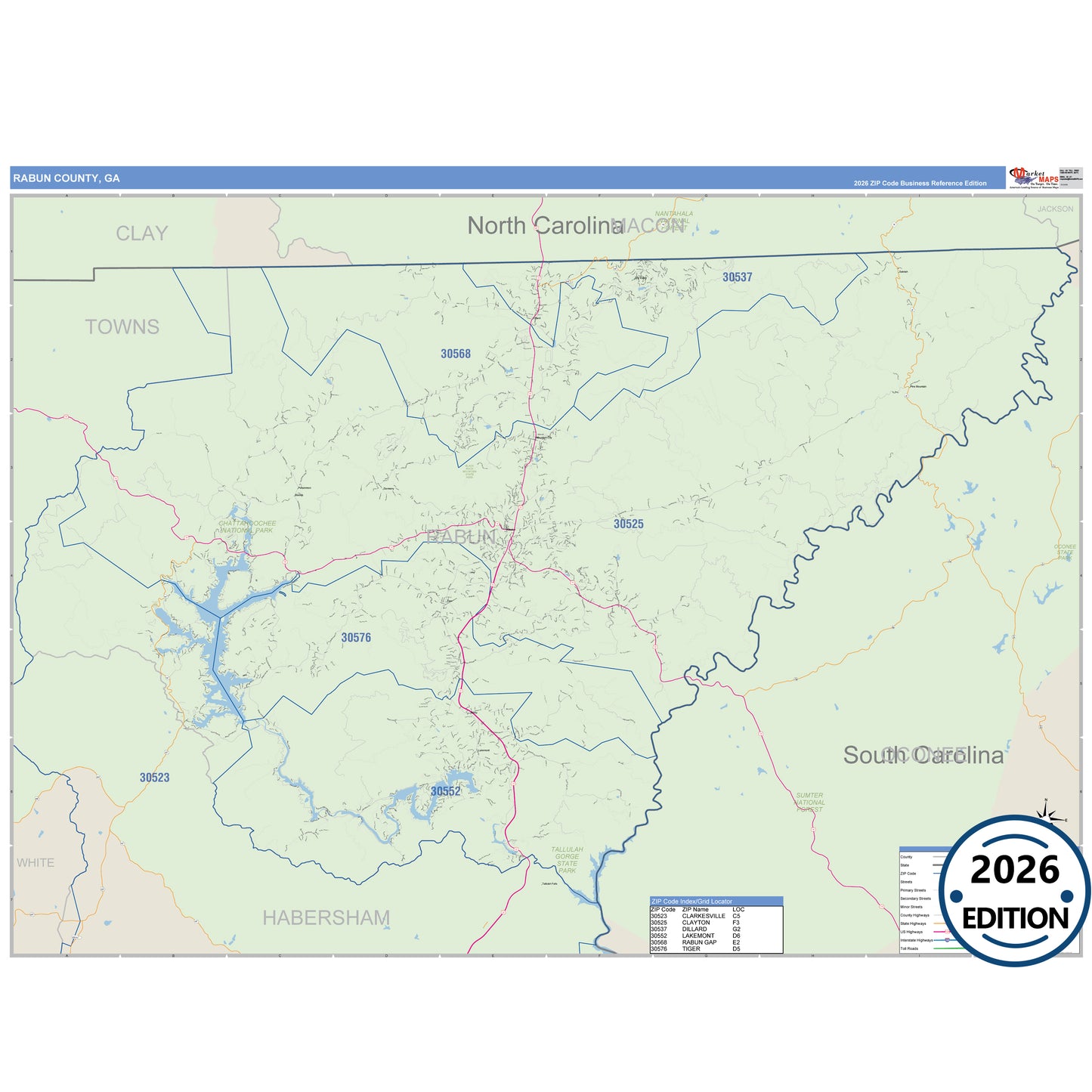 Rabun County, GA Business Reference 5 Digit ZIP Code Wall Map