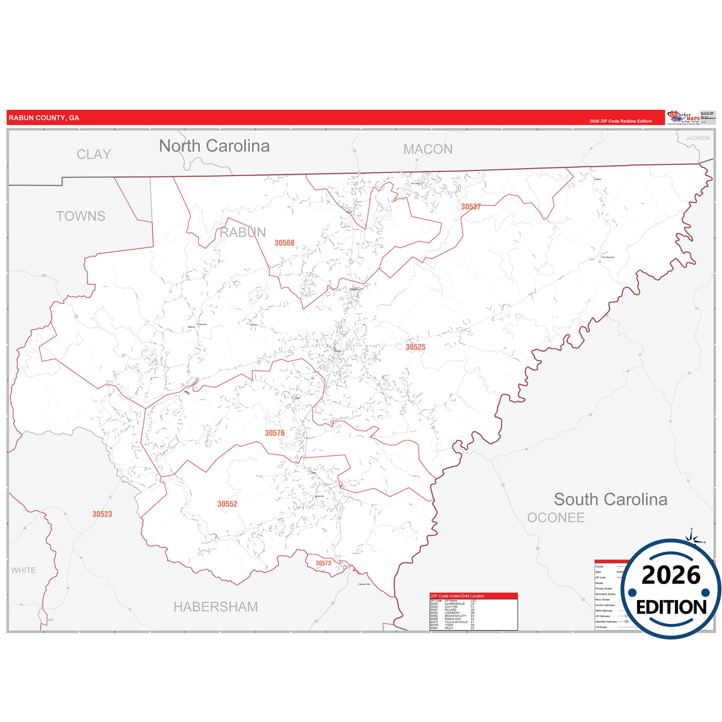 Rabun County, GA Red Line 5 Digit ZIP Code Wall Map