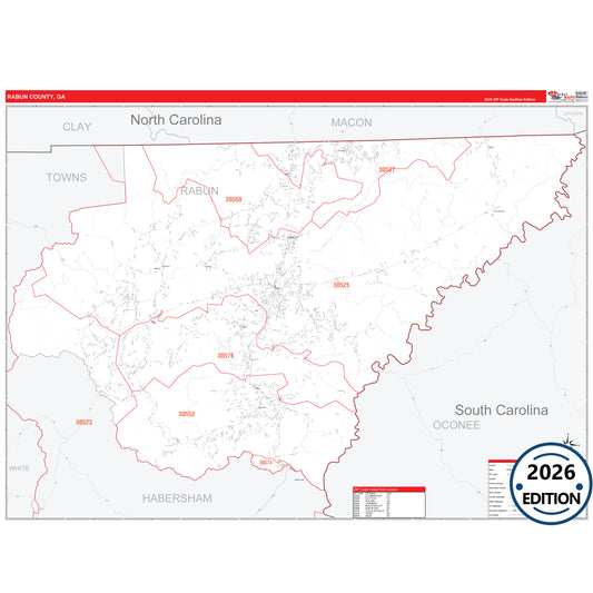 Rabun County, GA Red Line 5 Digit ZIP Code Wall Map