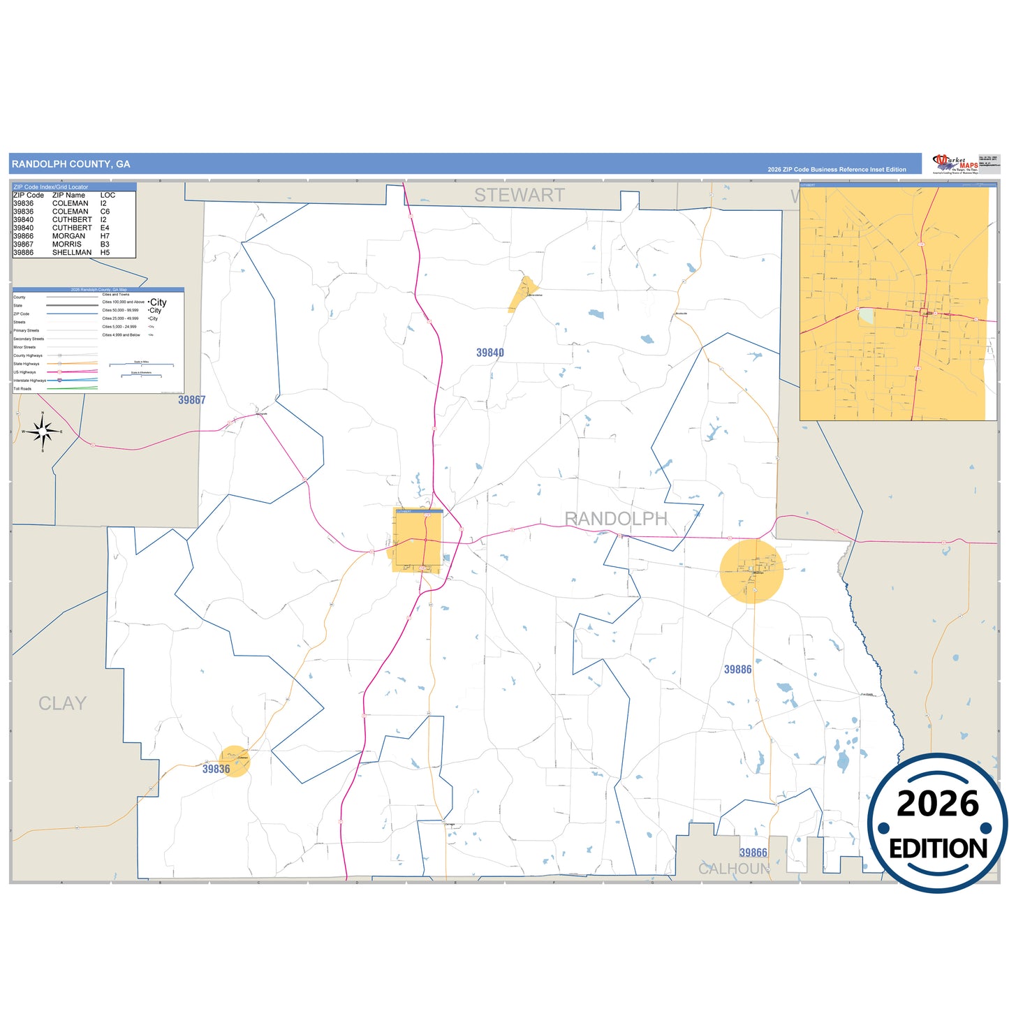 Randolph County, GA Business Reference 5 Digit ZIP Code Wall Map