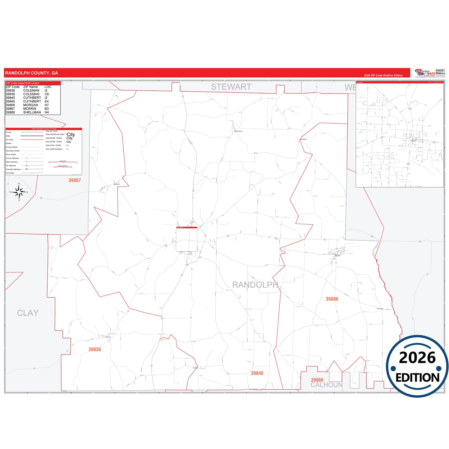 Randolph County, GA Red Line 5 Digit ZIP Code Wall Map