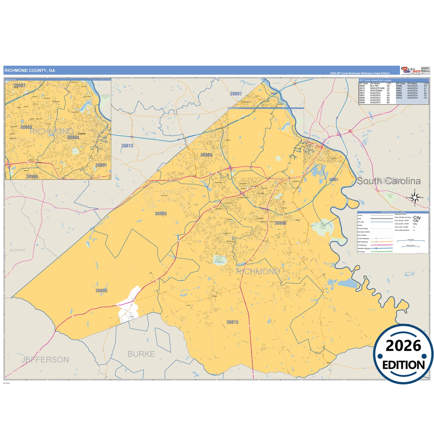 Richmond County, GA Business Reference 5 Digit ZIP Code Wall Map