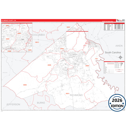 Richmond County, GA Red Line 5 Digit ZIP Code Wall Map