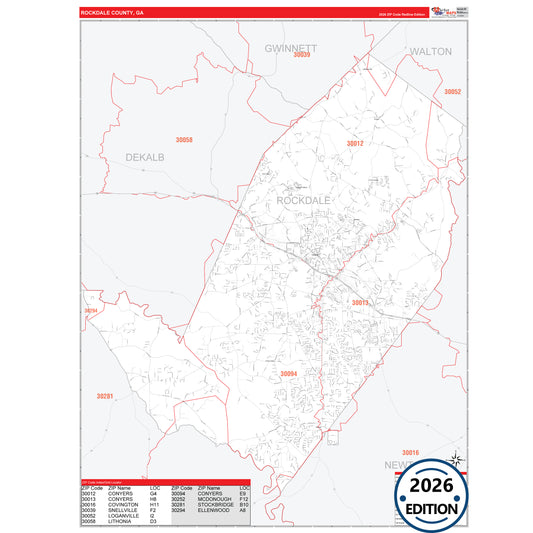 Rockdale County, GA Red Line 5 Digit ZIP Code Wall Map