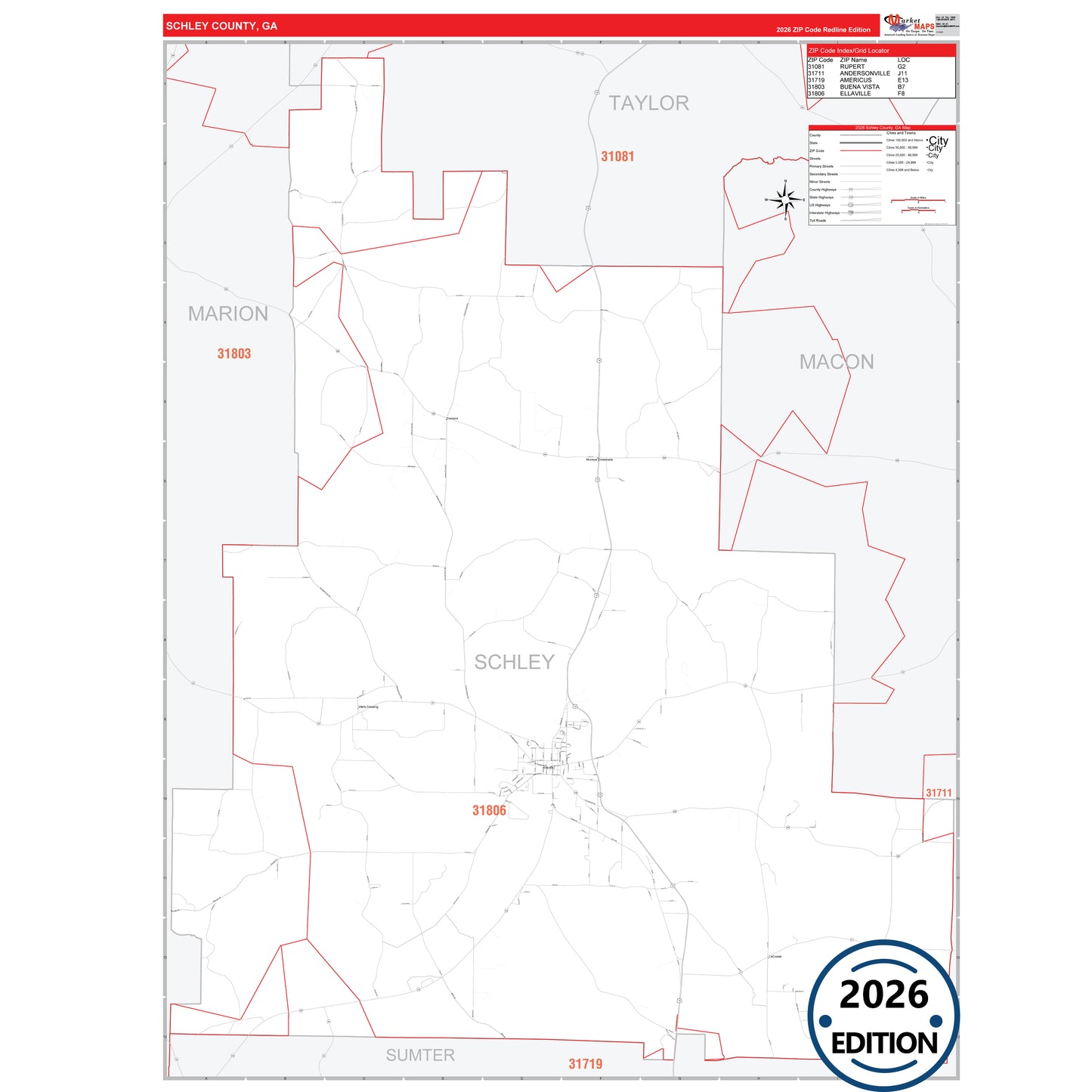 Schley County, GA Red Line 5 Digit ZIP Code Wall Map