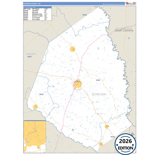 Screven County, GA Business Reference 5 Digit ZIP Code Wall Map