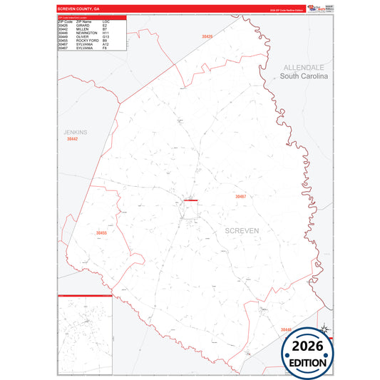Screven County, GA Red Line 5 Digit ZIP Code Wall Map