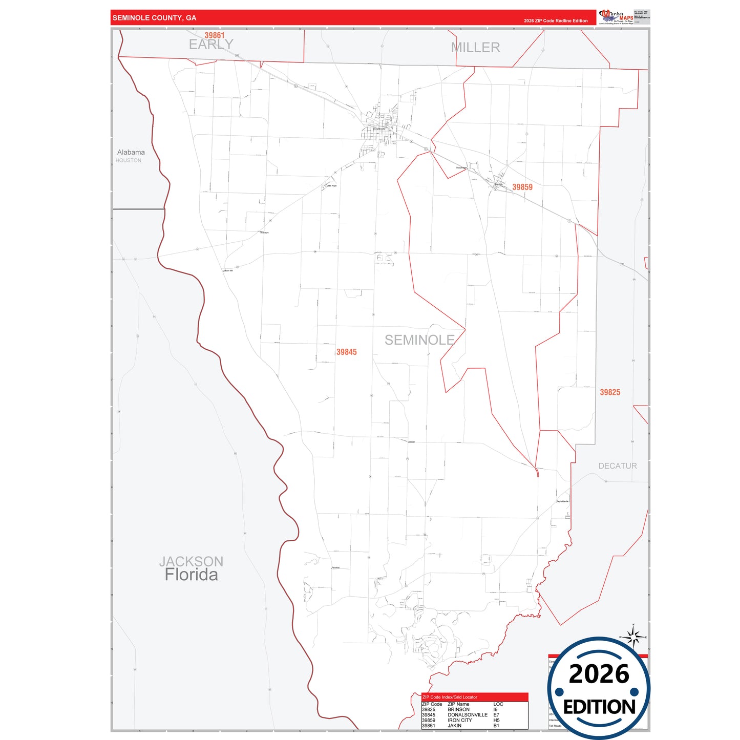 Seminole County, GA Red Line 5 Digit ZIP Code Wall Map