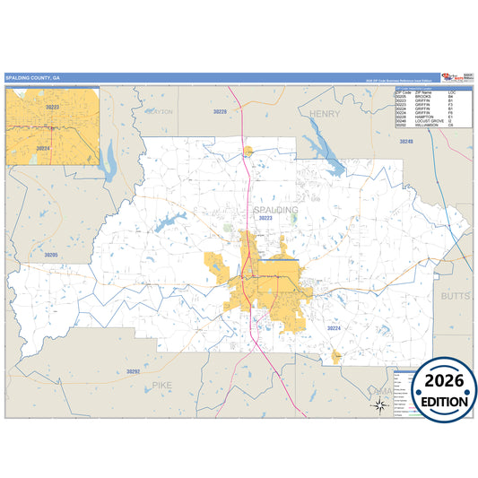 Spalding County, GA Business Reference 5 Digit ZIP Code Wall Map