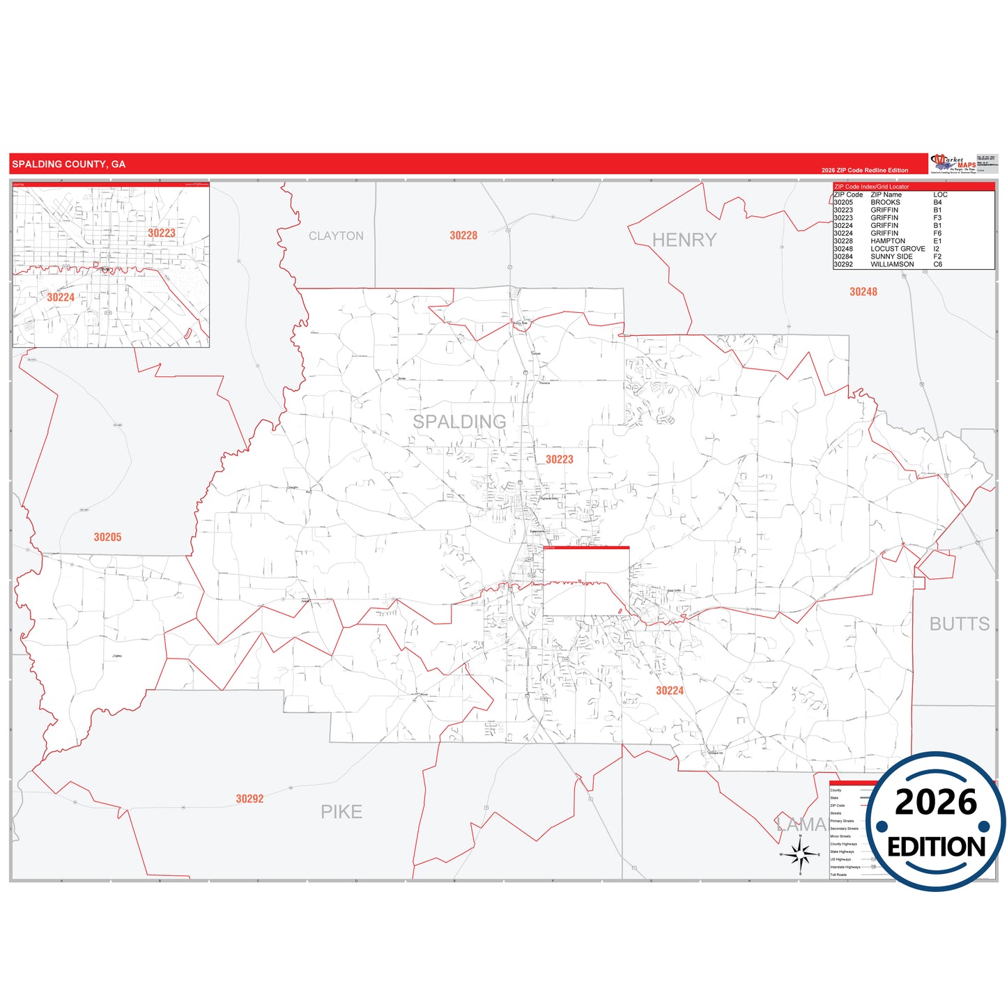 Spalding County, GA Red Line 5 Digit ZIP Code Wall Map