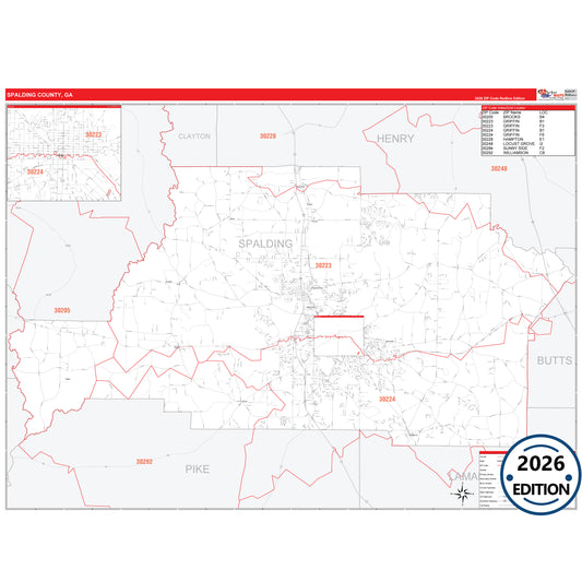Spalding County, GA Red Line 5 Digit ZIP Code Wall Map