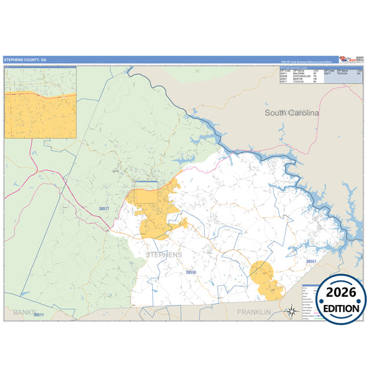 Stephens County, GA Business Reference 5 Digit ZIP Code Wall Map
