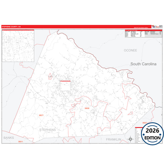 Stephens County, GA Red Line 5 Digit ZIP Code Wall Map