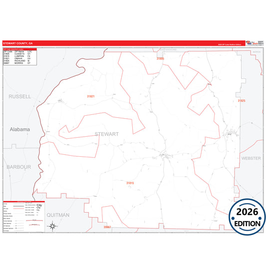 Stewart County, GA Red Line 5 Digit ZIP Code Wall Map