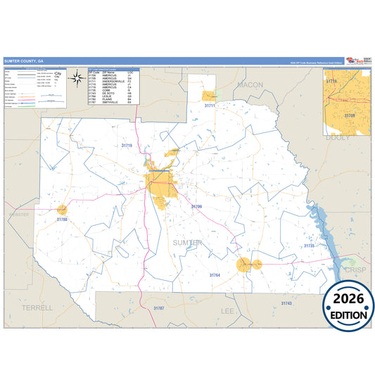 Sumter County, GA Business Reference 5 Digit ZIP Code Wall Map