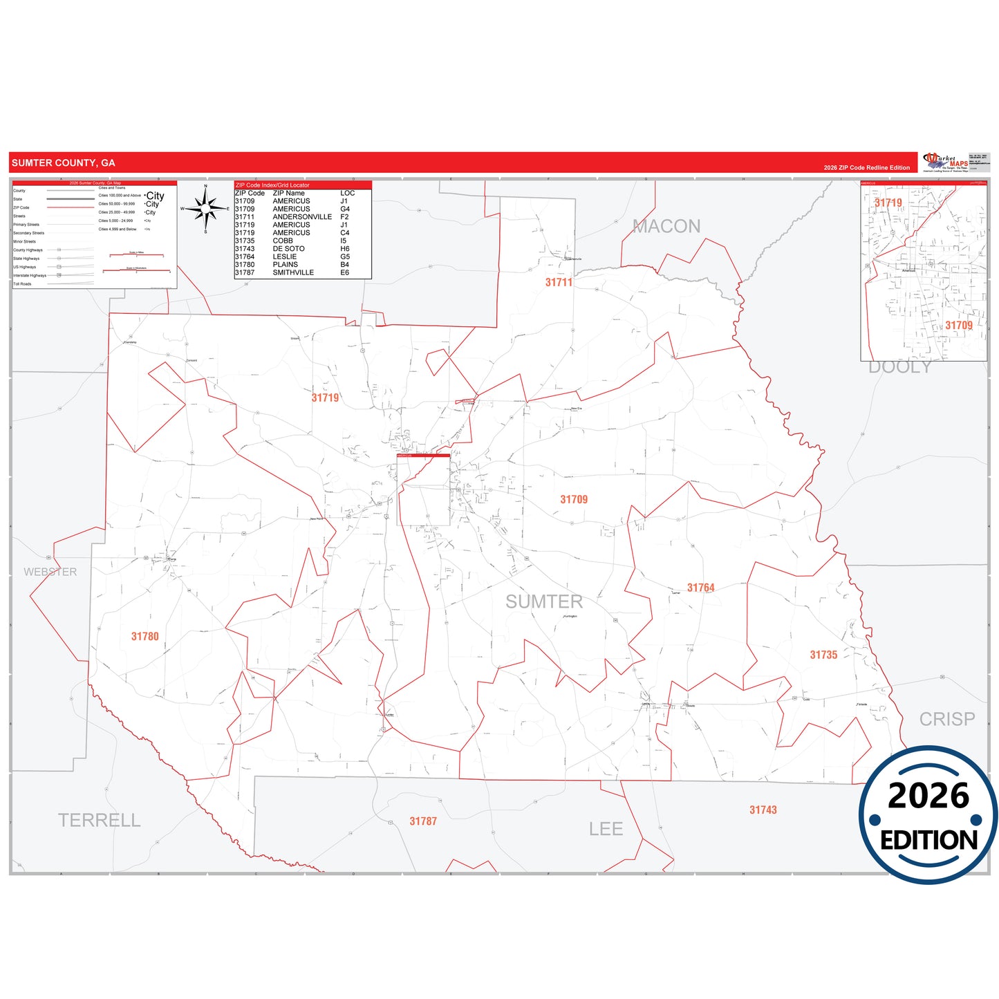 Sumter County, GA Red Line 5 Digit ZIP Code Wall Map