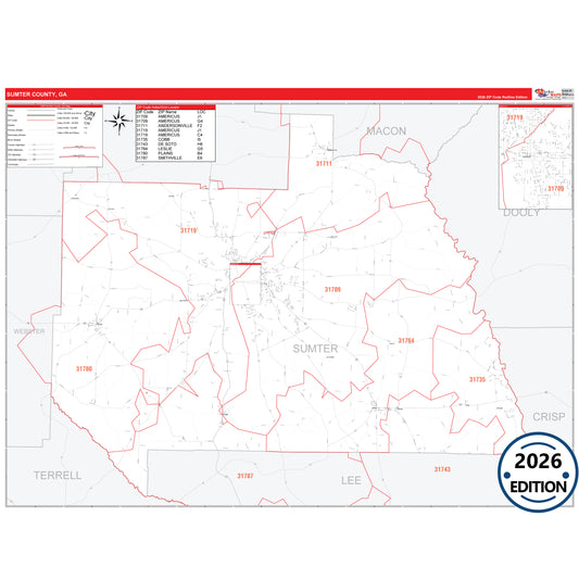 Sumter County, GA Red Line 5 Digit ZIP Code Wall Map