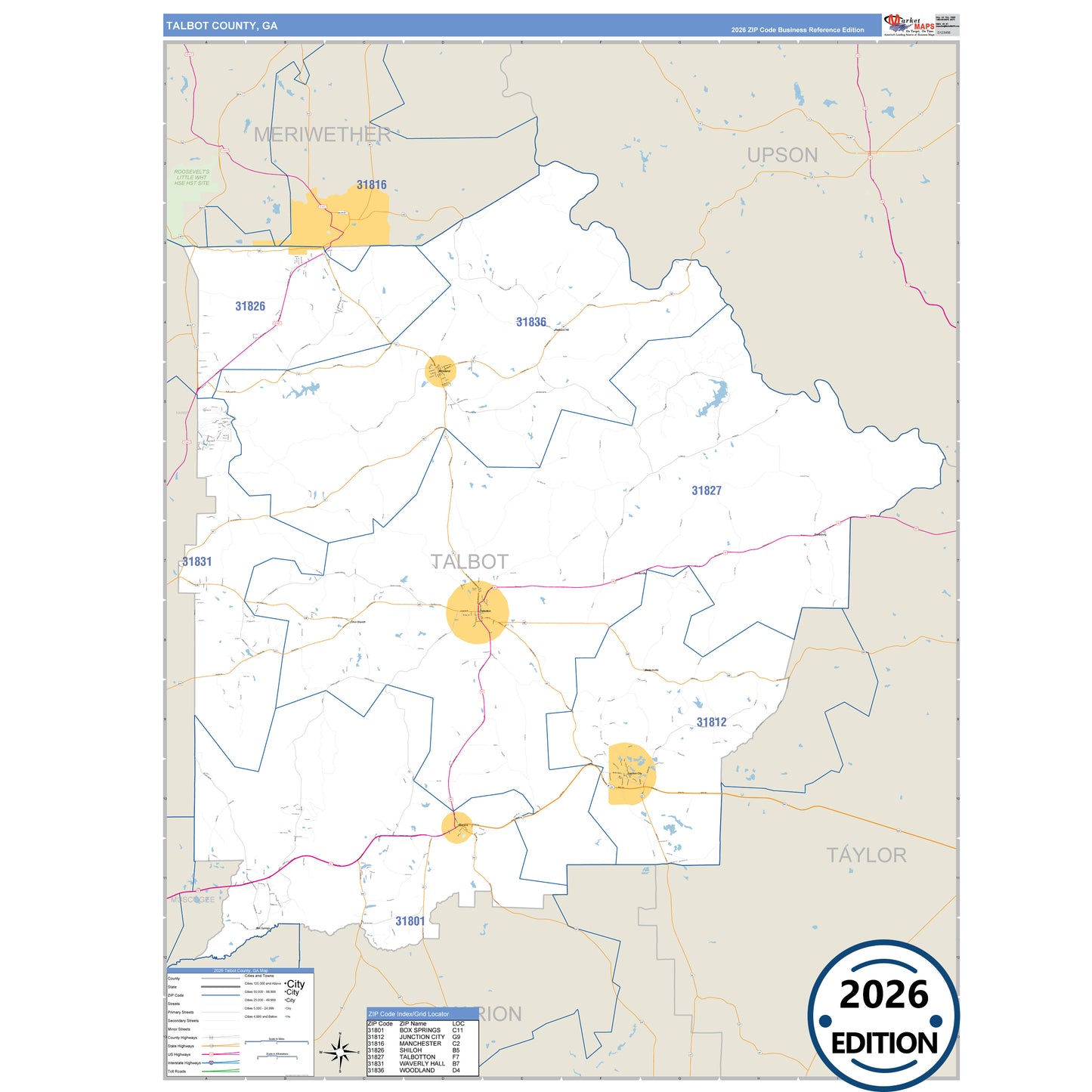 Talbot County, GA Business Reference 5 Digit ZIP Code Wall Map