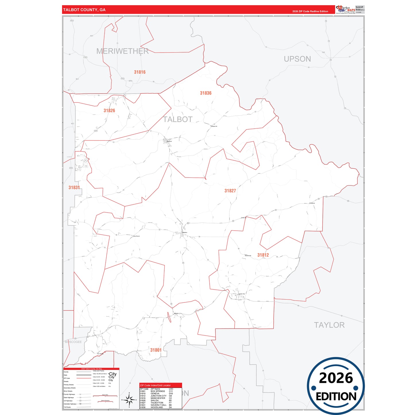 Talbot County, GA Red Line 5 Digit ZIP Code Wall Map