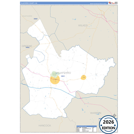 Taliaferro County, GA Business Reference 5 Digit ZIP Code Wall Map