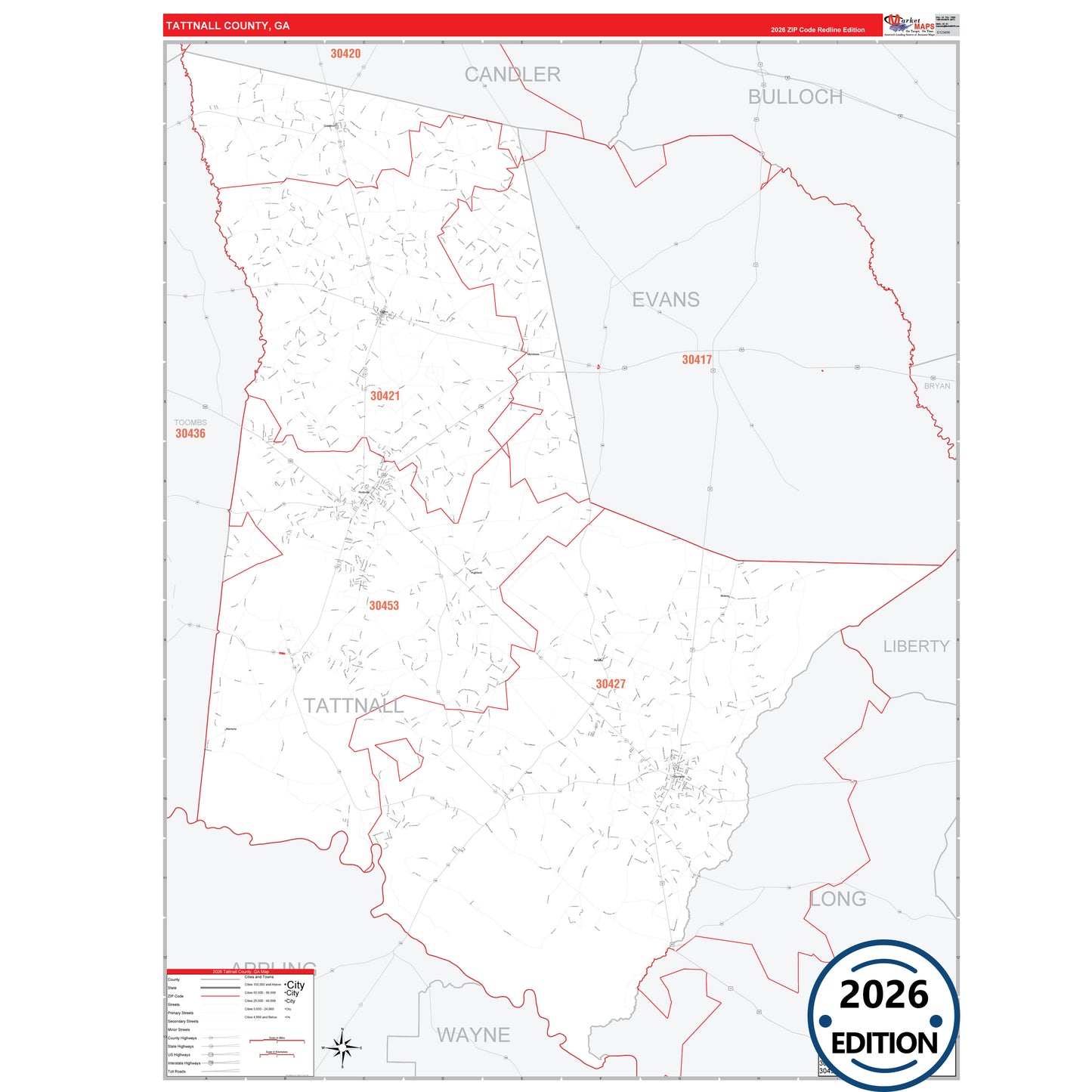 Tattnall County, GA Red Line 5 Digit ZIP Code Wall Map