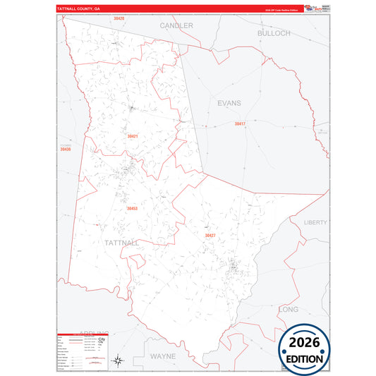 Tattnall County, GA Red Line 5 Digit ZIP Code Wall Map