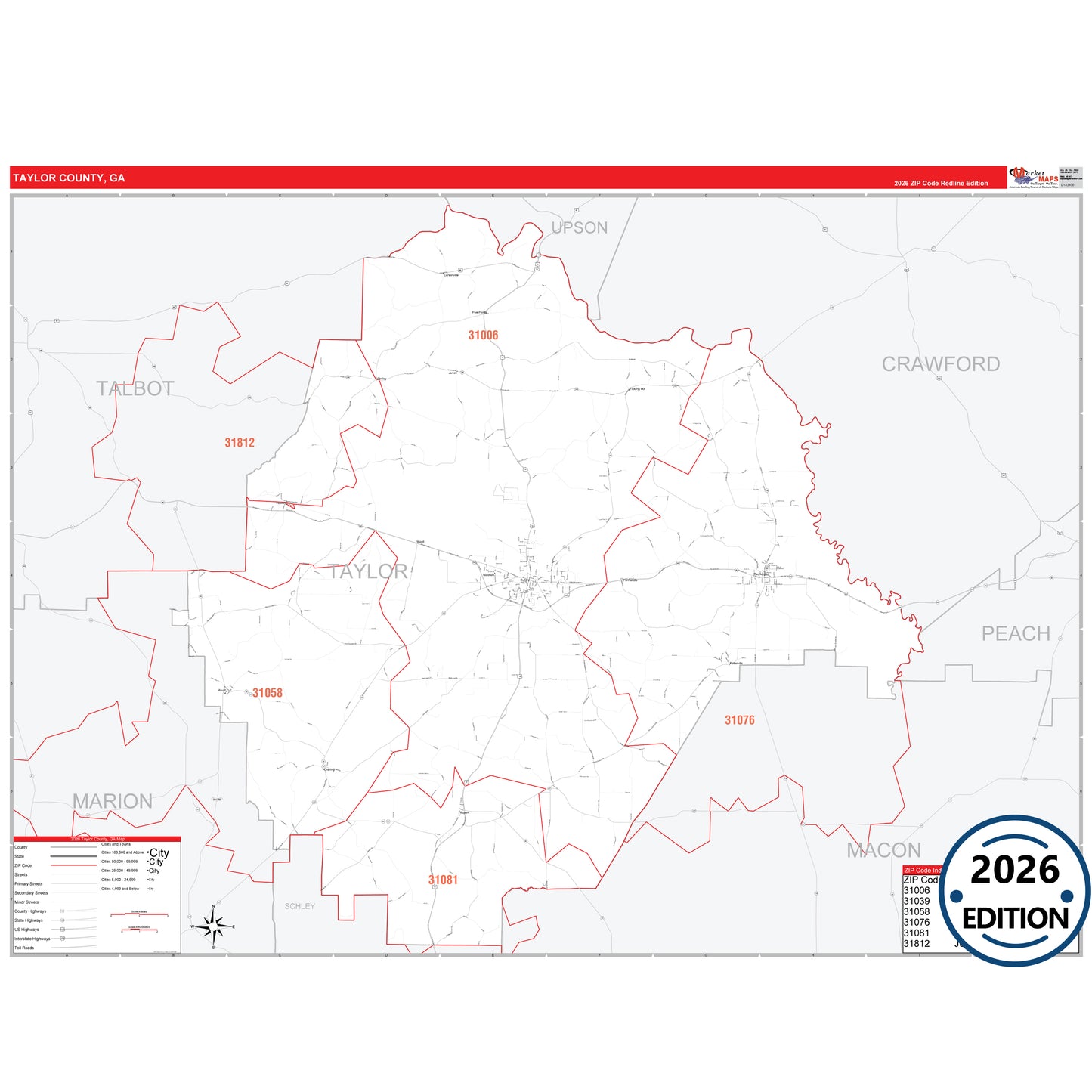 Taylor County, GA Red Line 5 Digit ZIP Code Wall Map