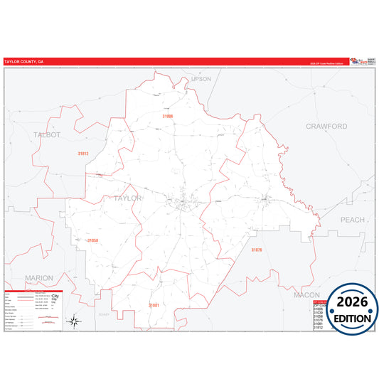 Taylor County, GA Red Line 5 Digit ZIP Code Wall Map