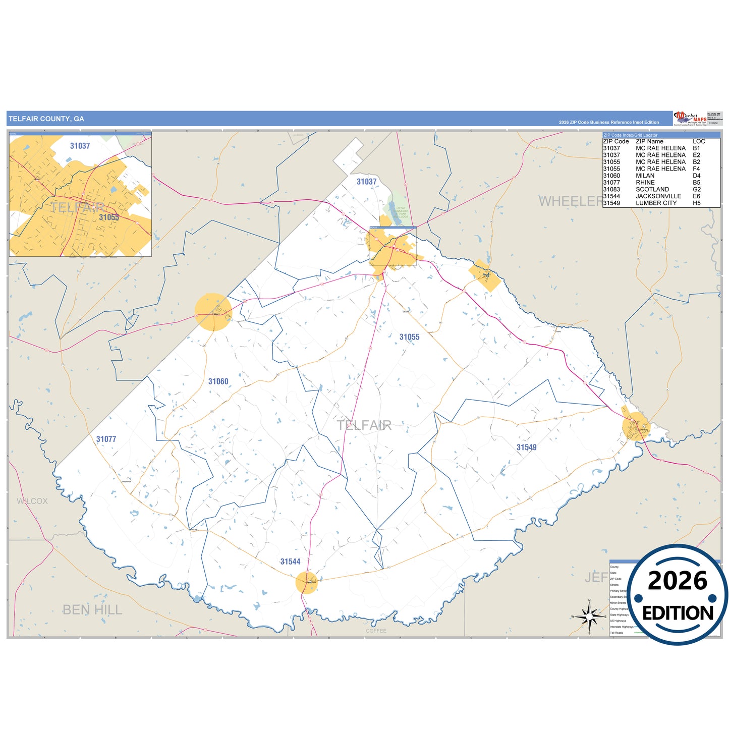 Telfair County, GA Business Reference 5 Digit ZIP Code Wall Map