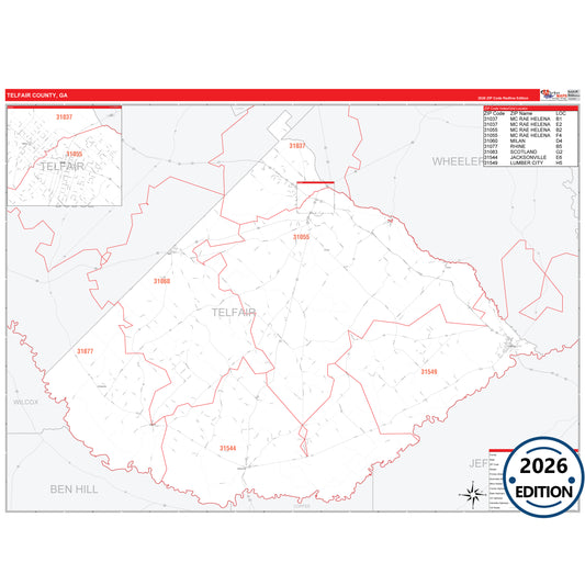 Telfair County, GA Red Line 5 Digit ZIP Code Wall Map