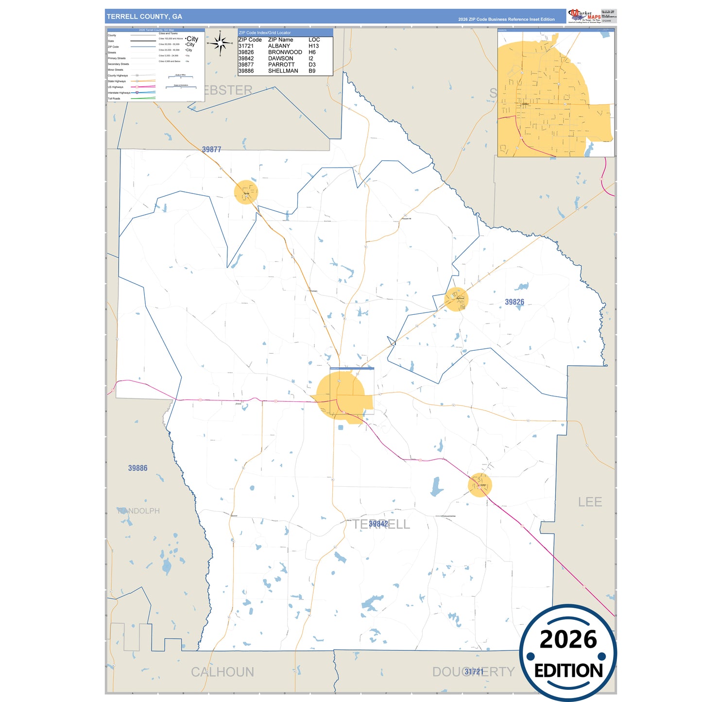 Terrell County, GA Business Reference 5 Digit ZIP Code Wall Map