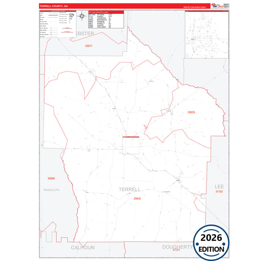 Terrell County, GA Red Line 5 Digit ZIP Code Wall Map
